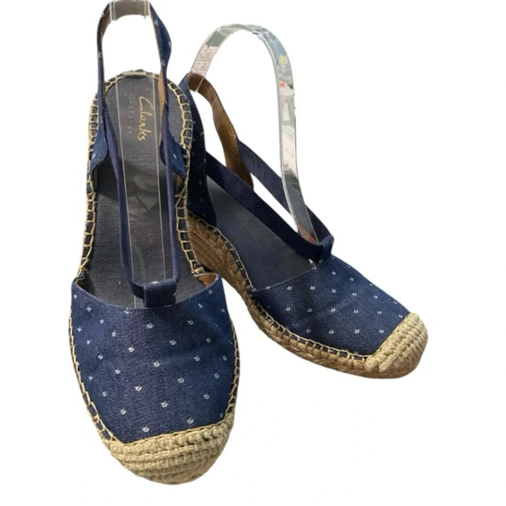 Clarks Blue Polka Dot Espadrille Wedge Sandals Coastal Resort Vacation Sz 8